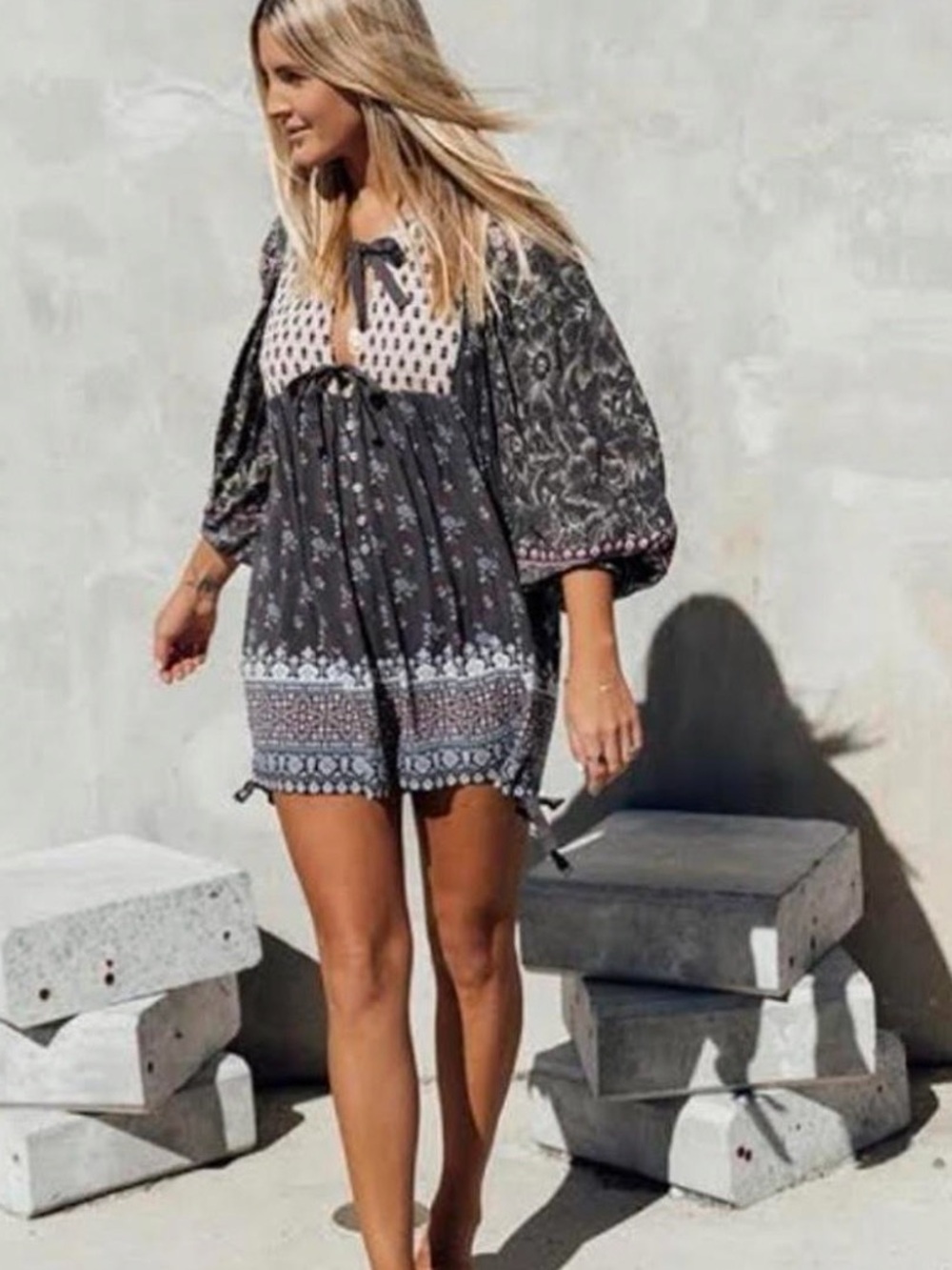 Spell Lion Heart vintage Black Printed Boho Mini playsuit